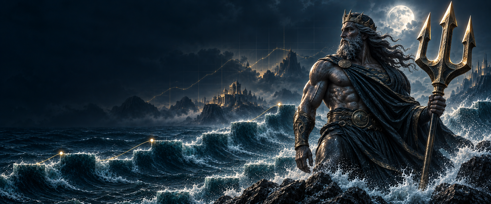 Poseidon holding a trident above Renko-inspired ocean waves