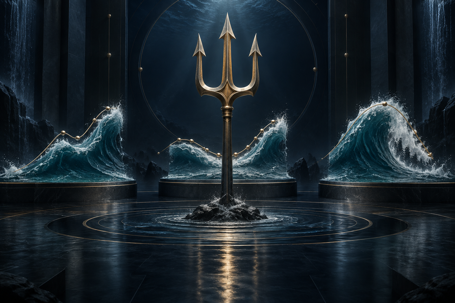 Trident surrounded by three distinct wave formations